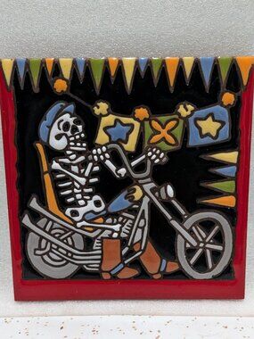 Vtg Earthtones Day of the Dead Skeleton Biker Art Tile 2006 Trivet Halloween 💀
